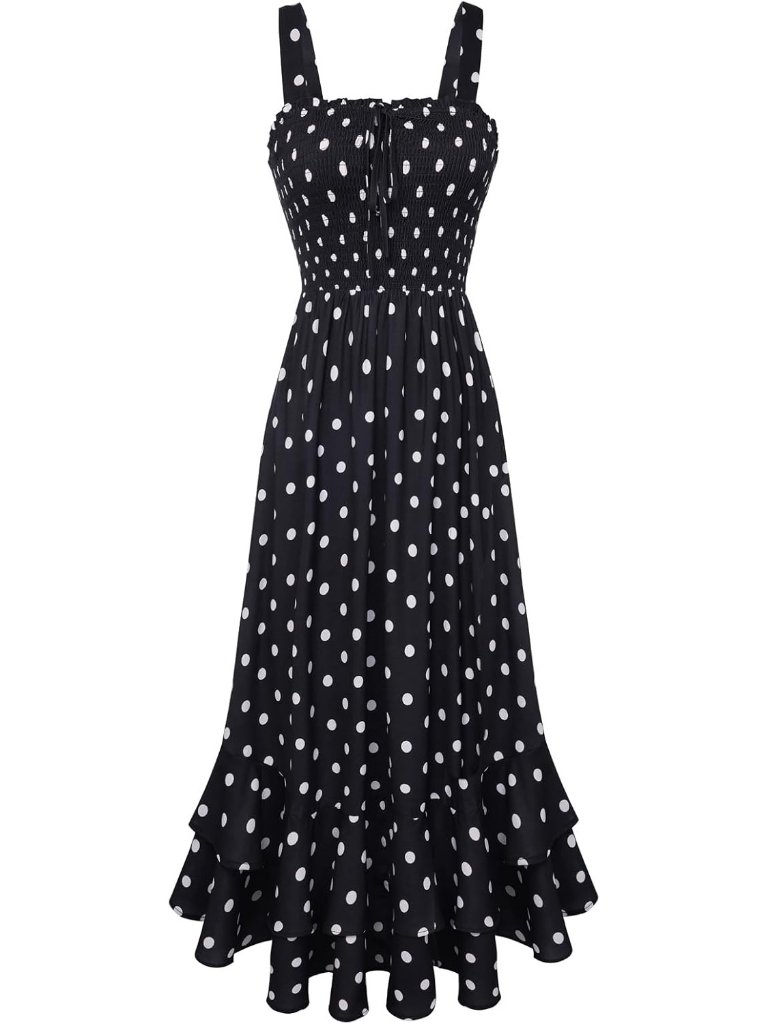 Women's Maxi Dress Black White Dots Square Neck Sleeveless A Line Summer Comfort